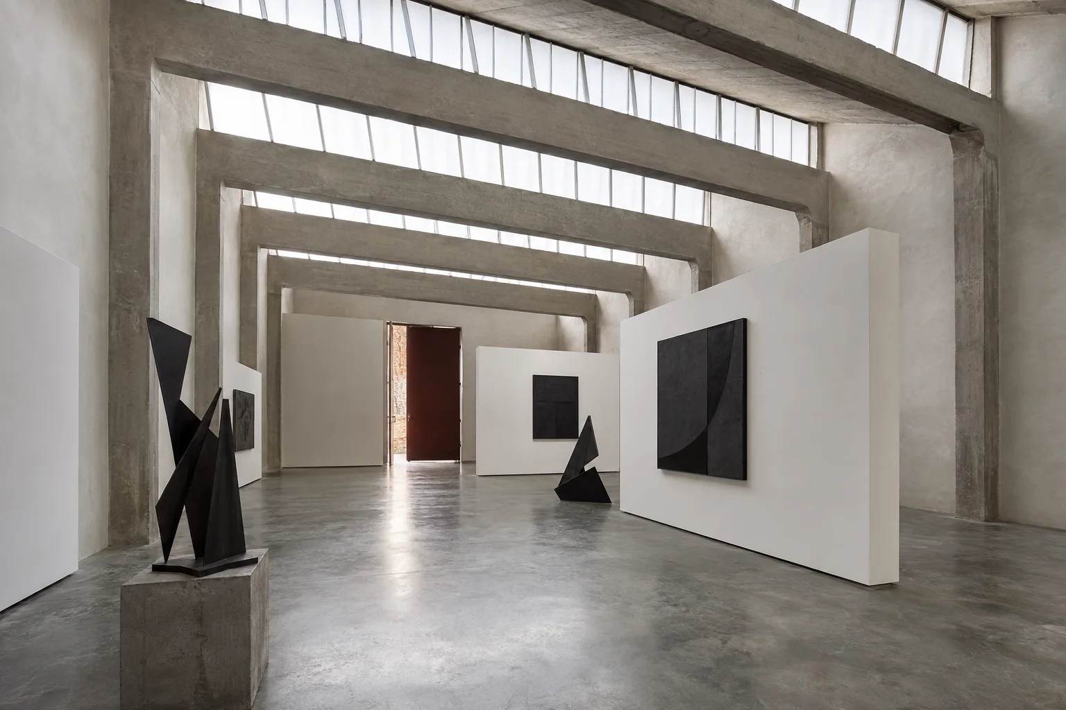 Pórticos de concreto e luz alta organizam o salão da Galeria Vão.